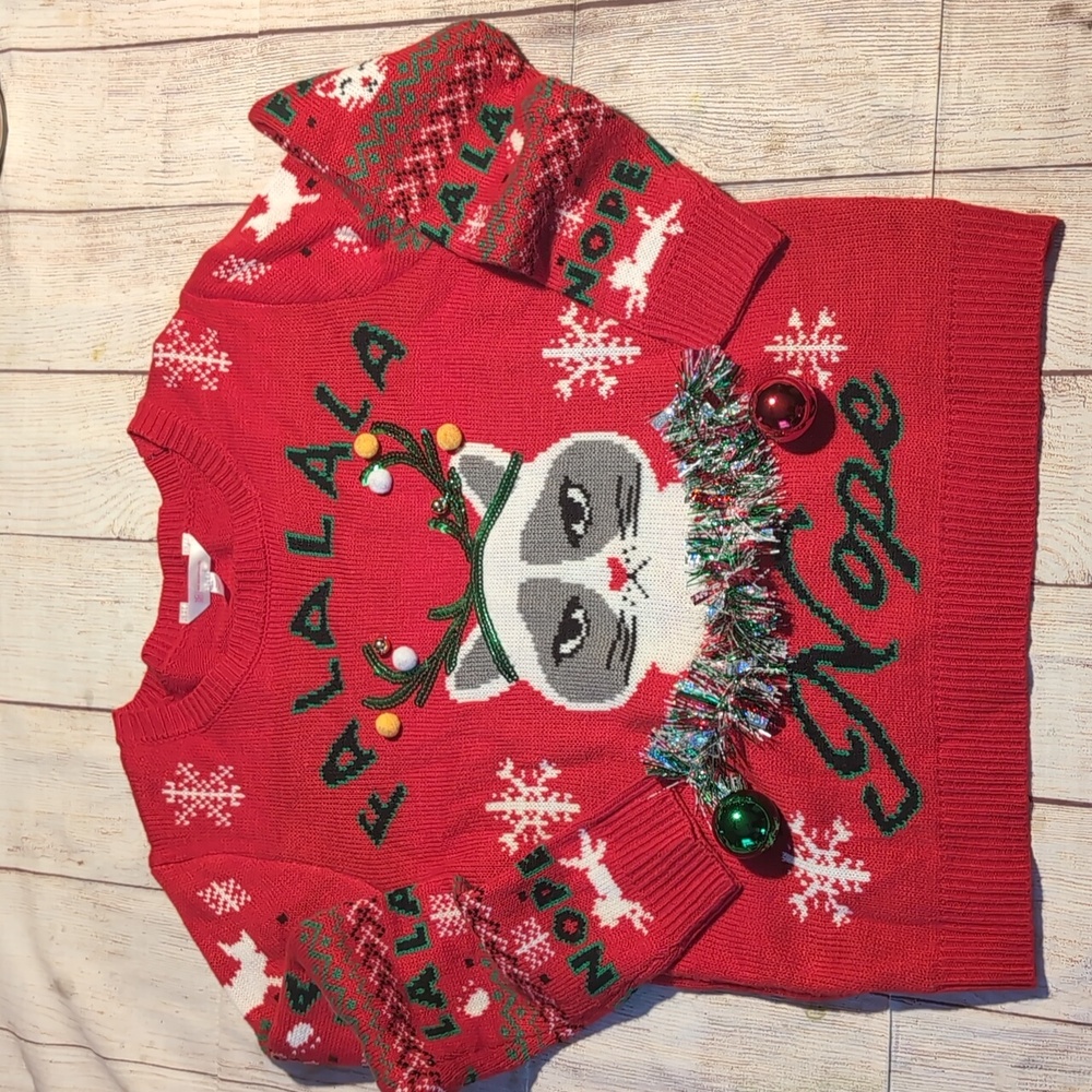 No Boundaries Juniors Ugly Christmas Cat Sweater size L